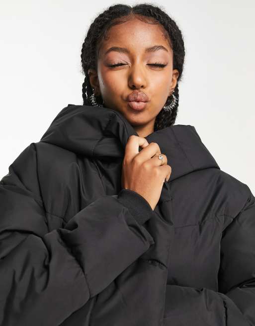 Noisy May oversized in ASOS padded jacket hood black | with