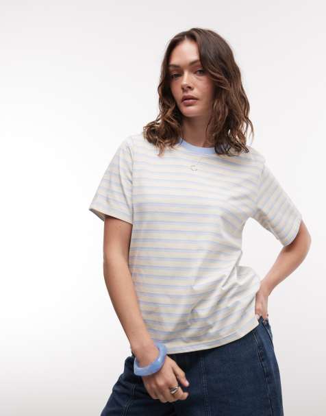 Noisy May - Oversized recht T-shirt in crème met blauwe strepen - view 1