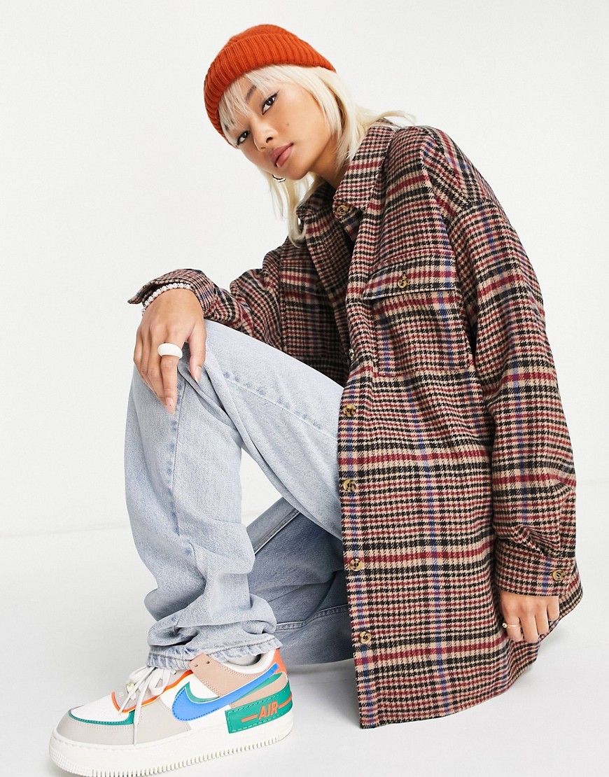 Noisy May oversized shacket in brown check-Multi