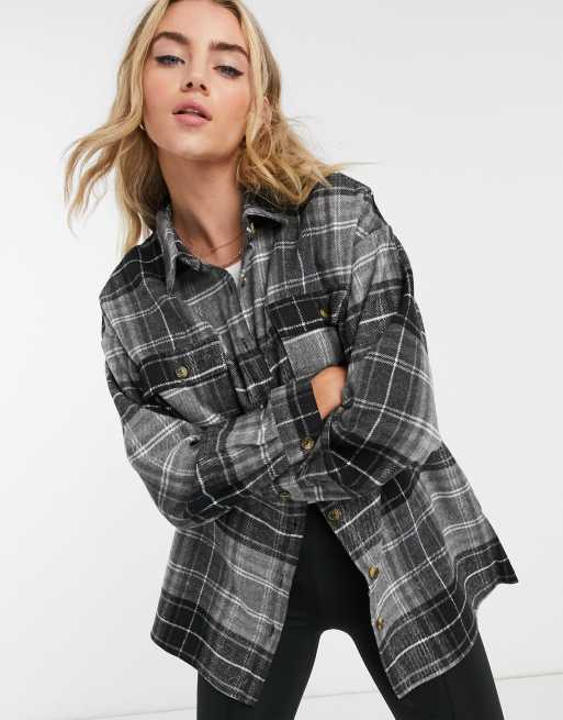 Noisy May oversized shacket in dark grey check | ASOS