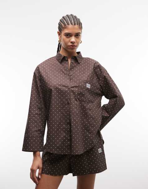 Noisy May oversized shirt co-ord in chocolate polka - view 1