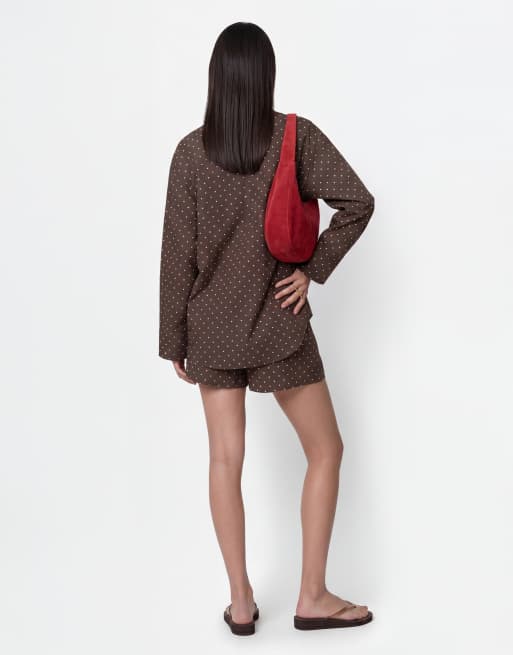 Noisy May oversized shirt co-ord in chocolate polka, 3 of 4