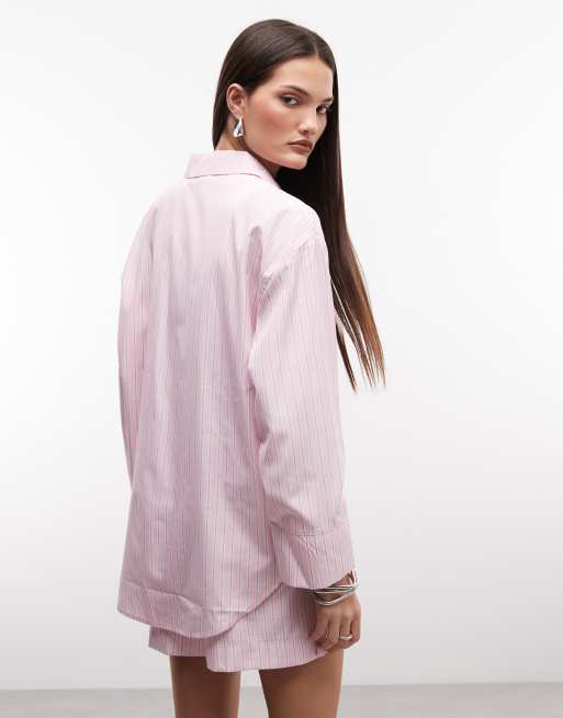 Noisy May oversized shirt co-ord in pink & white stripe, 3 of 4