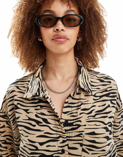 Noisy May - Oversized skjorte med beige zebraprint - Del af sæt, 3 af 4