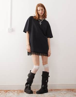 oversized t-shirt dress with lace trim in black