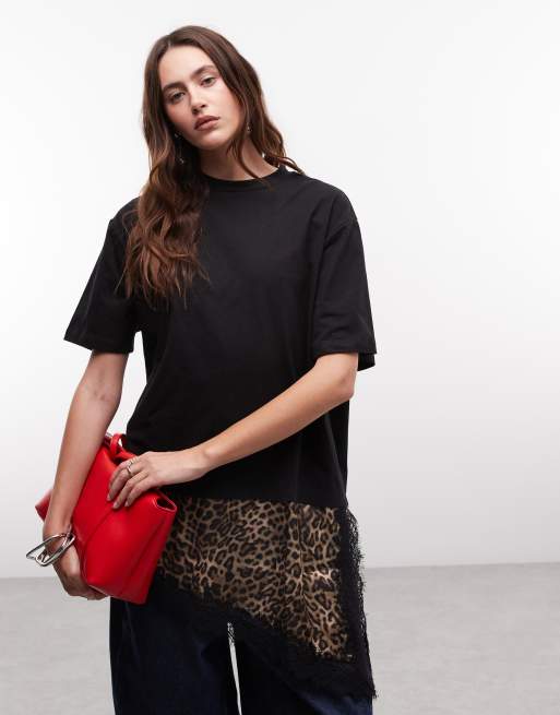 Noisy May oversized t-shirt med asymmetrisk satin- och spetsfåll med underlager i svart leopardmönster, 3 av 4