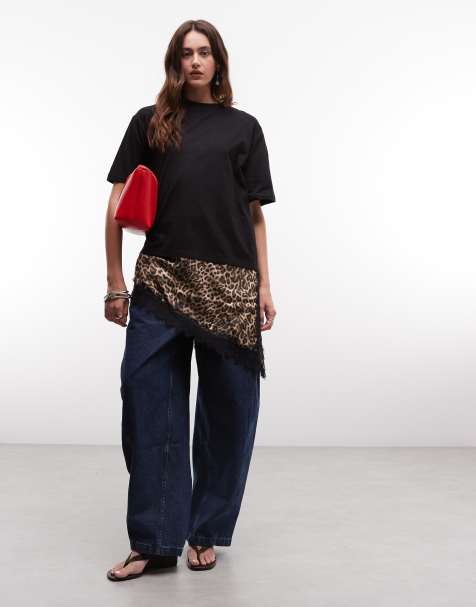 Noisy May oversized T-shirt med asymmetrisk satin- og blondelag i sort leopardprint - view 1
