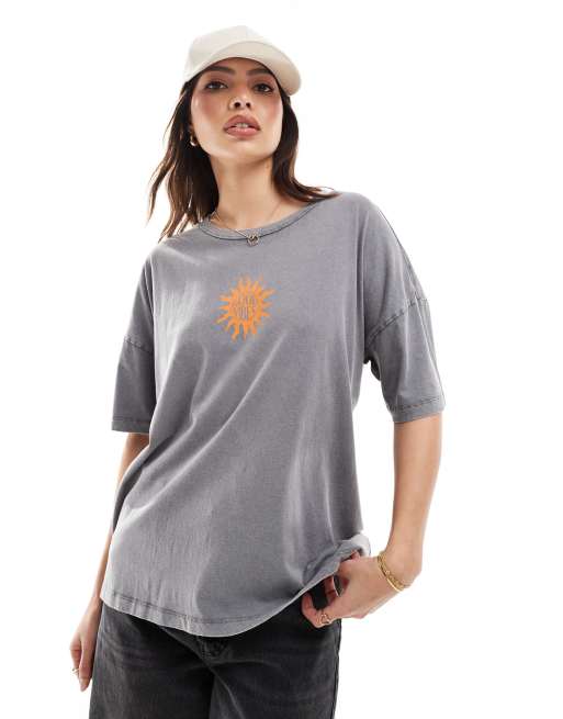 Noisy May - Oversized T-shirt med 'Good Vibes'-print i vasket grå
