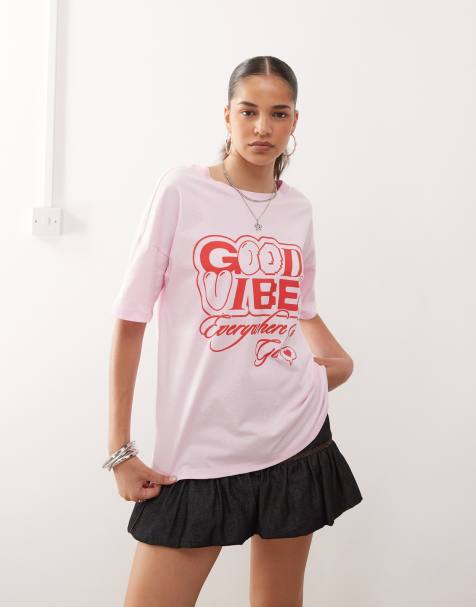 Noisy May - Oversized T-shirt met Good Vibes-print in lichtroze - view 1
