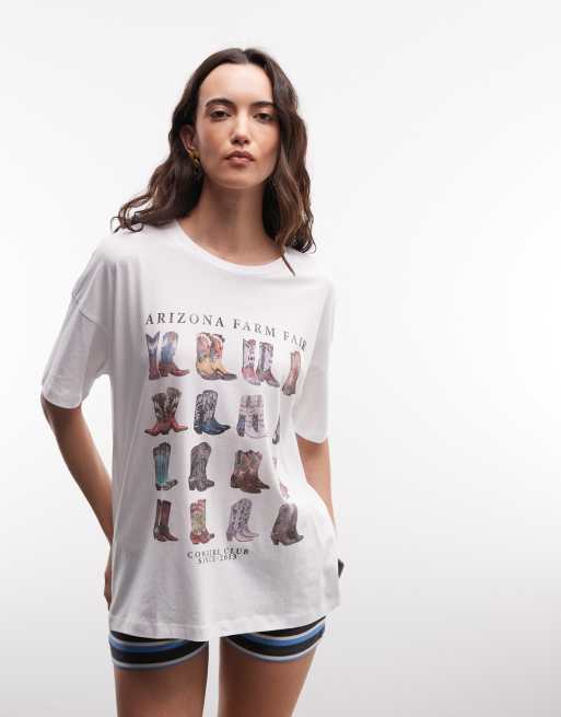 Noisy May - Oversized T-shirt met grafische print van cowboylaarzen in wit, 2 van 4