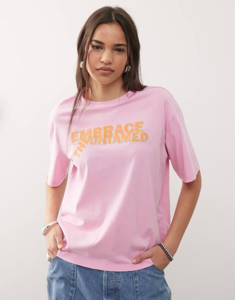 Noisy May - Oversized T-shirt met slogan aan de voorkant in roze - view 1