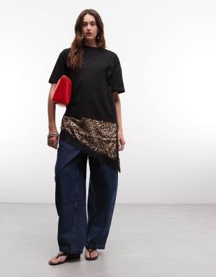 Noisy May Oversized T-shirt With Asymmetric Satin And Lace Hem Underlay In Black