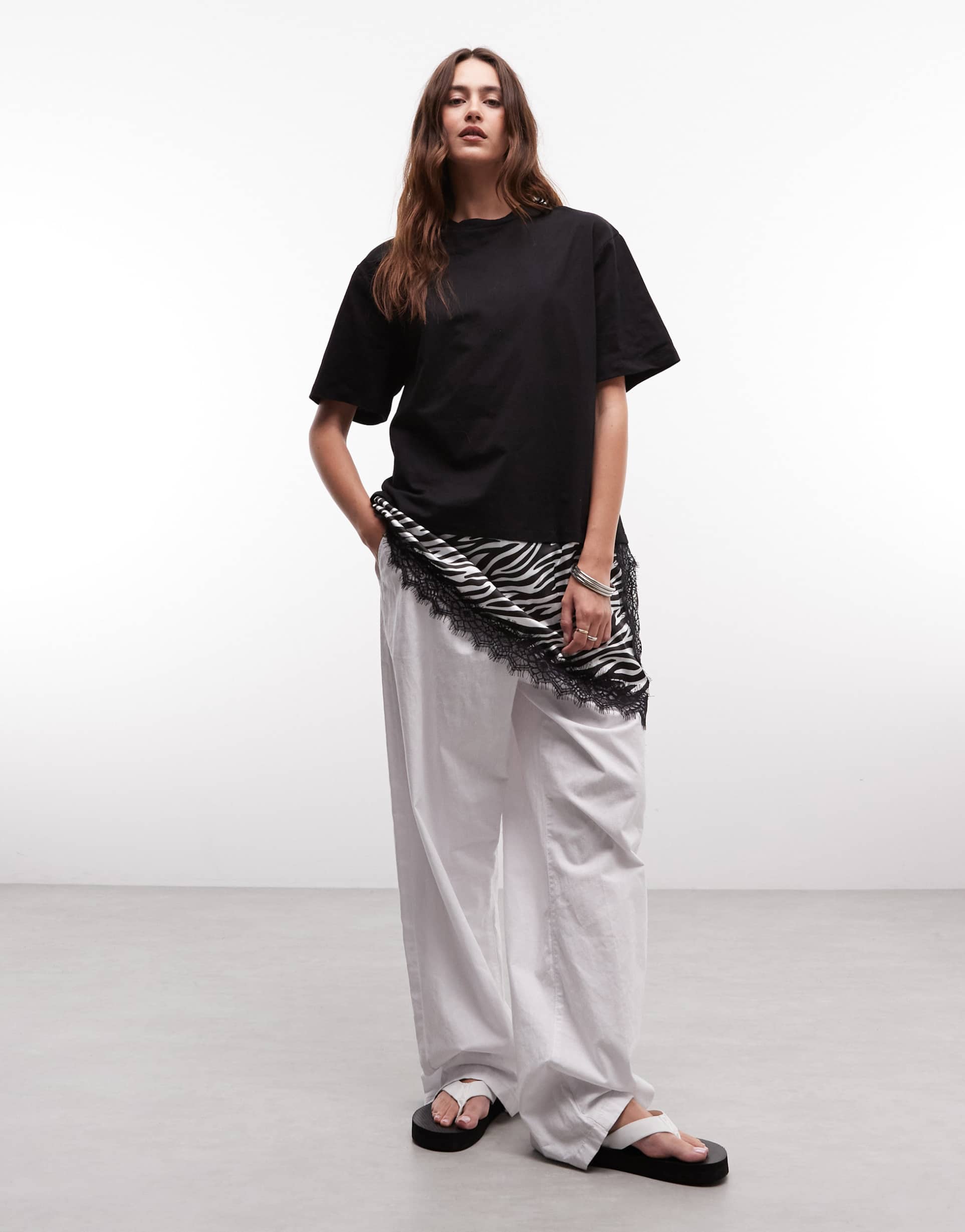 noisy may oversized t-shirt with asymmetric satin and lace hem underlay in black zebra