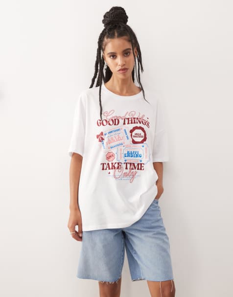 Noisy May oversized t-shirt with good things print in white - view 1