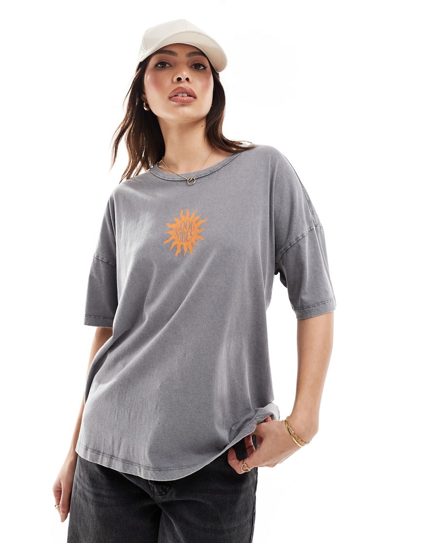 Noisy May Oversized T-shirt With Good Vibes Print In Washed Gray