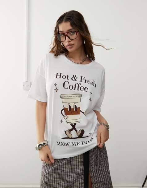 Noisy May oversized t-shirt with hot cofffee print in white - view 1