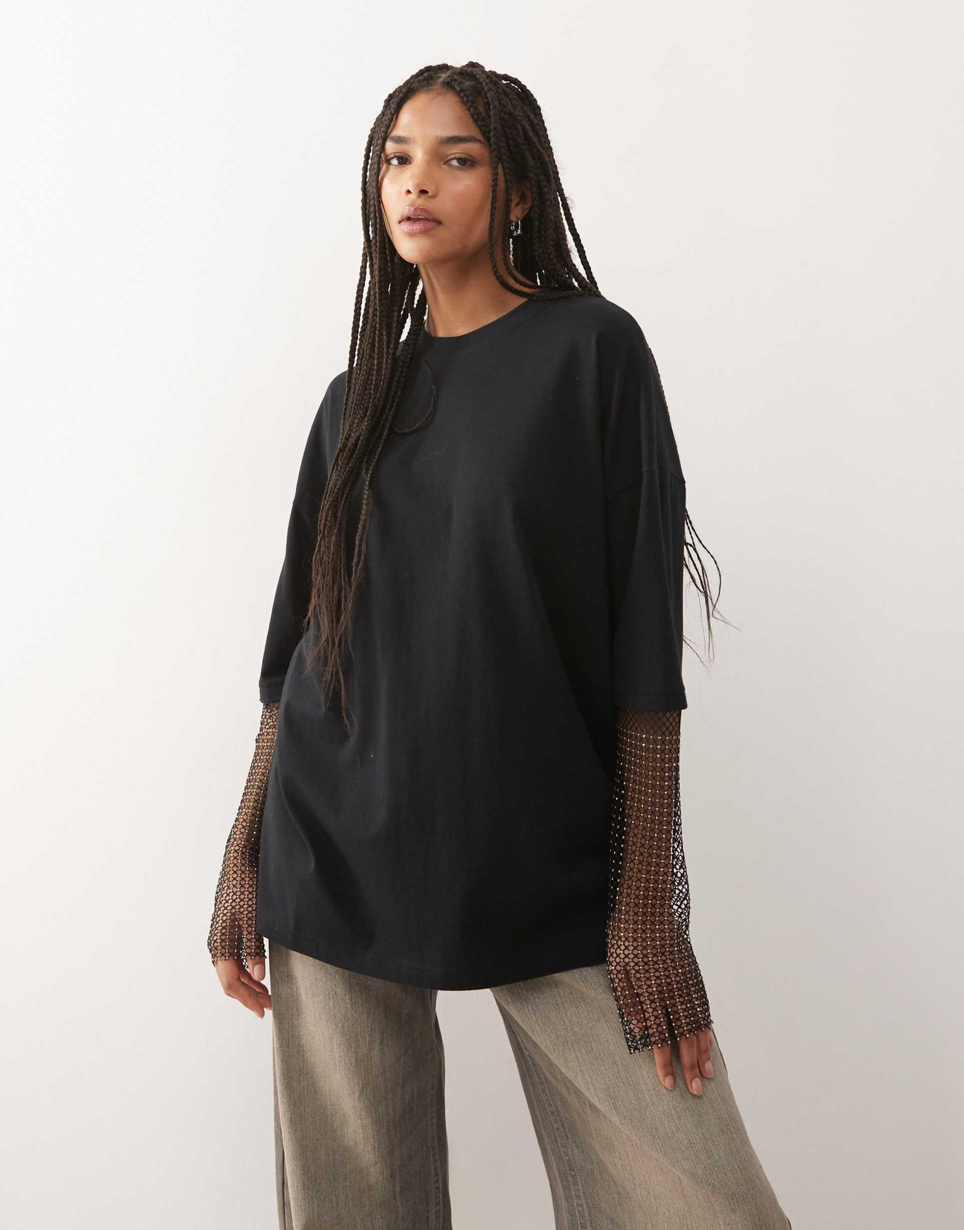 noisy may oversized t-shirt with rhinestone sleeves in black