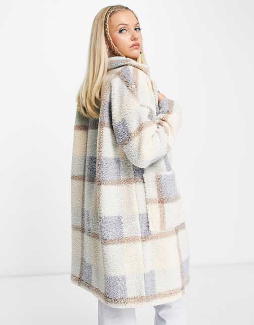 Noisy May oversized teddy coat in cream check, 2 of 4
