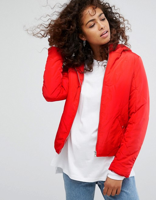 Noisy May padded jacket with hood in red