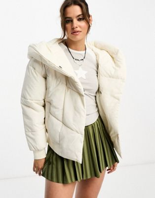 Noisy May padded jacket with oversized hood in cream