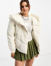 Topshop Petite mid length puffer jacket with sherpa lined hood in off white  - ShopStyle