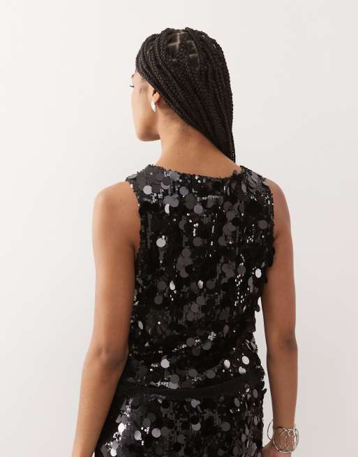 Noisy May paillette sequined sleeveless crop top in black - part of a set, 4 of 4
