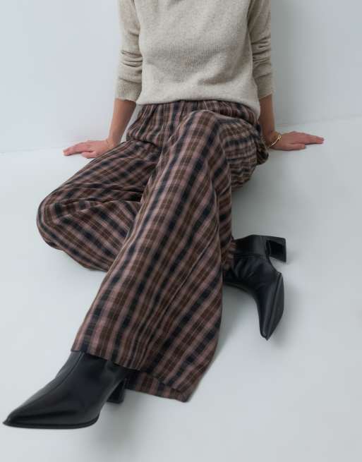Noisy May pantalón de talle alto y pernera ancha a cuadros chocolate, 3 de 5