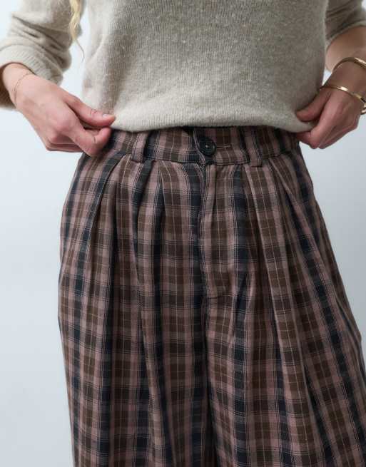 Noisy May pantalón de talle alto y pernera ancha a cuadros chocolate, 5 de 5