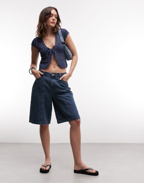 Noisy May - Pantaloncini di jeans ampi blu medio con cuciture a vista - view 1