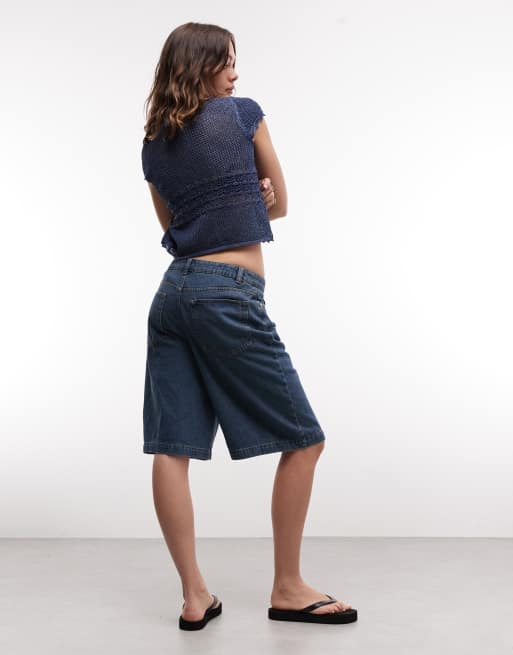 Noisy May - Pantaloncini di jeans ampi blu medio con cuciture a vista, 4 di 5