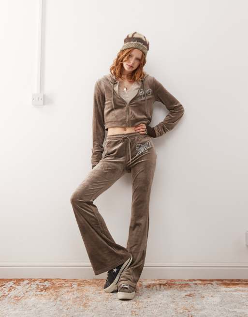 Noisy May - Pantaloni in velour color visone a vita alta in coordinato