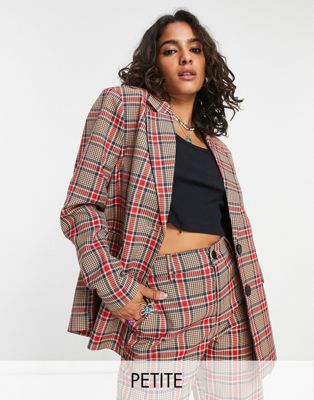 Noisy May Petite double breasted blazer in brown and pink check - ASOS Price Checker