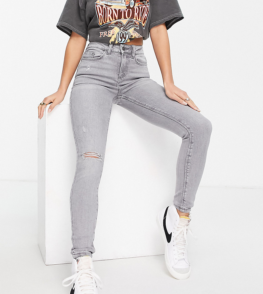 Noisy May Petite Callie high waisted ripped knee skinny jeans in gray