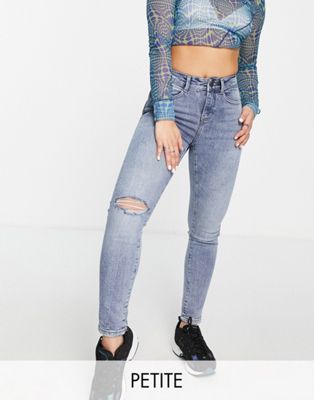 Noisy May Petite Callie high waisted ripped knee skinny jeans in light blue