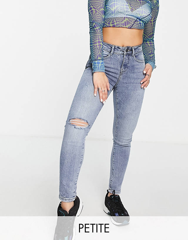 Noisy May Petite - callie high waisted ripped knee skinny jeans in light blue