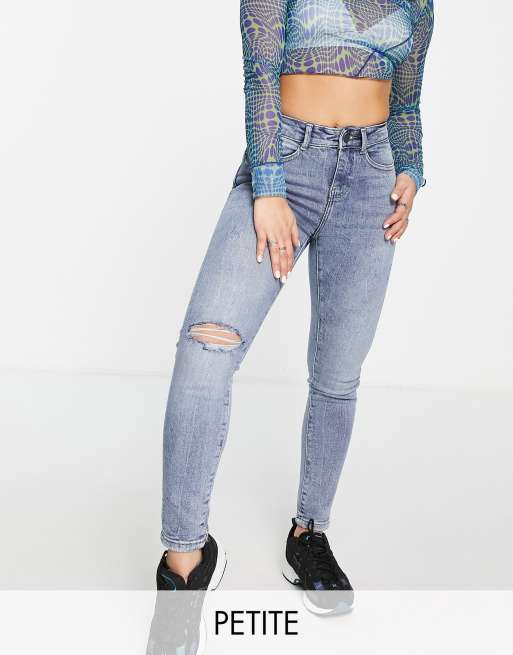 May Petite Callie high waisted ripped knee skinny jeans in light blue | ASOS