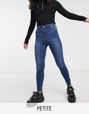 Noisy May Petite Callie high waisted skinny jeans in mid blue wash-Black