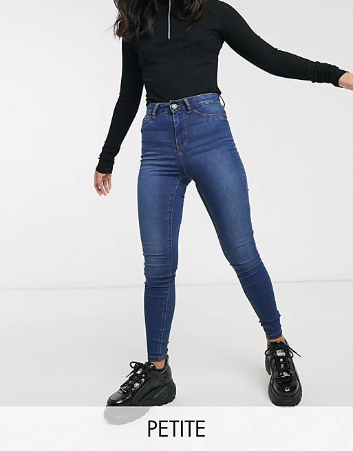 Women Noisy May Petite Callie high waisted skinny jeans in mid blue wash 