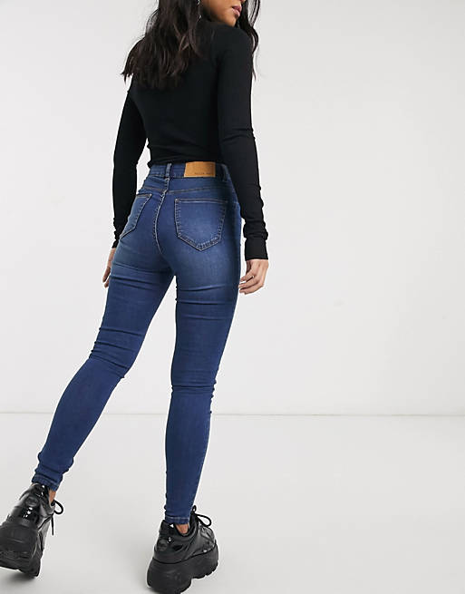 Women Noisy May Petite Callie high waisted skinny jeans in mid blue wash 