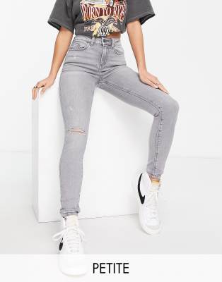 Noisy May Petite - Callie - Jeans in Grau mit engem Schnitt, hohem Bund und Knierissen