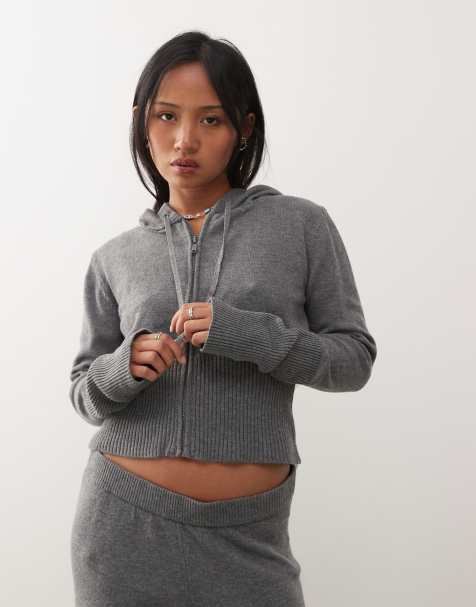 Noisy May Petite - Cardigan in maglia grigio con cappuccio e zip in coordinato - view 1