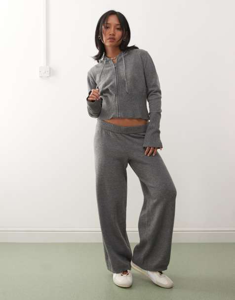 Noisy May Petite - Co-ord set van gebreid vest met capuchon en broek in grijs - view 1