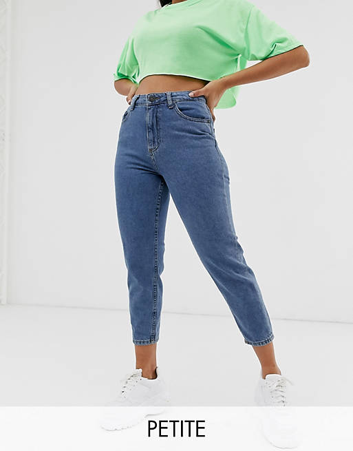 Noisy May Petite contrast stitch Mom jeans in mid wash blue