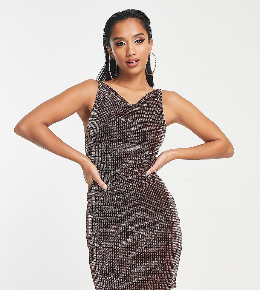 Noisy May Petite cowl neck shimmery cami mini dress in copper-Brown