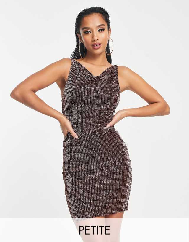 Noisy May Petite cowl neck shimmery cami mini dress in copper