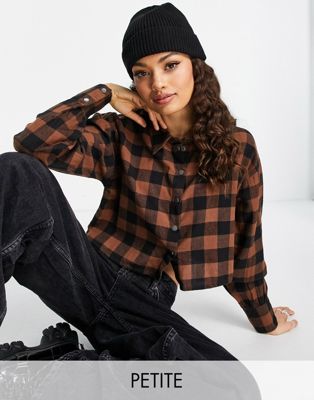 Noisy May Petite cropped shirt in black & brown check