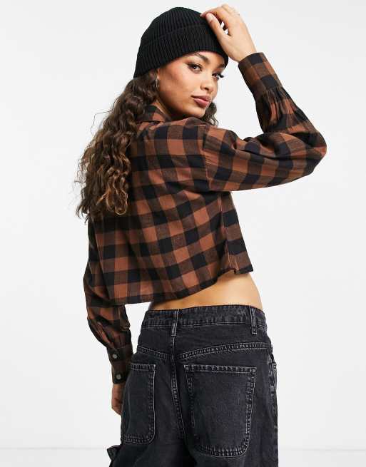 Noisy May Petite cropped shirt in black & brown check, 2 of 4
