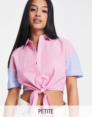Noisy May Petite cropped tie front shirt in pink & blue pinstripe