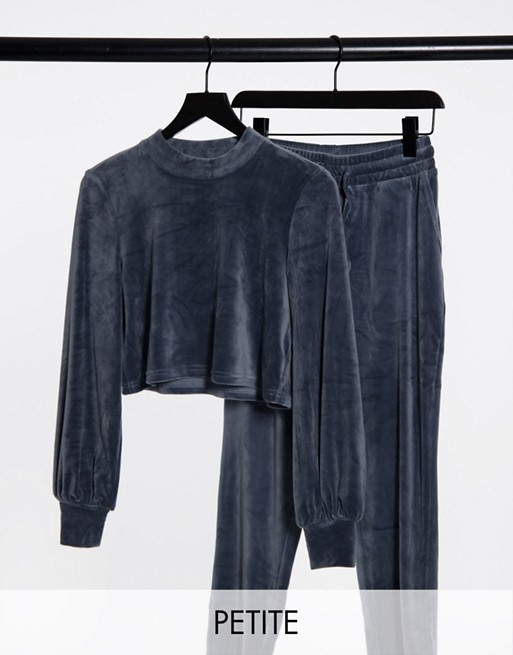 Noisy May Petite cropped velvet top co ord in grey blue