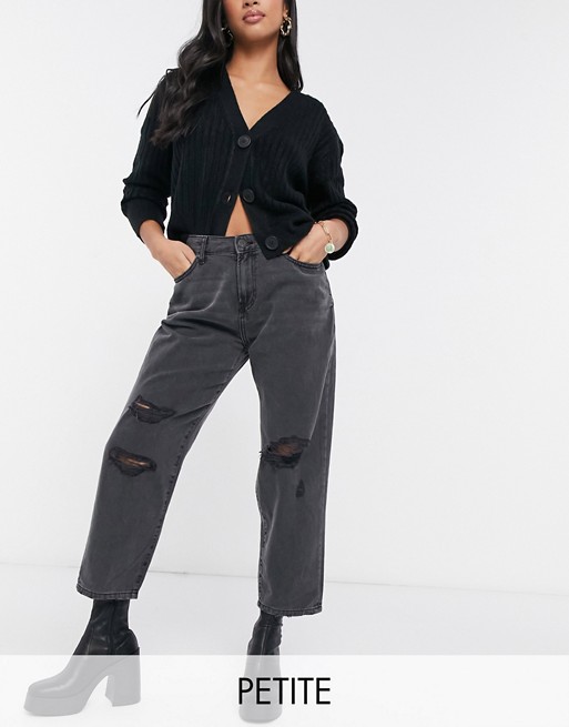 Noisy May Petite Brooke dad jeans with rips in washed black denim